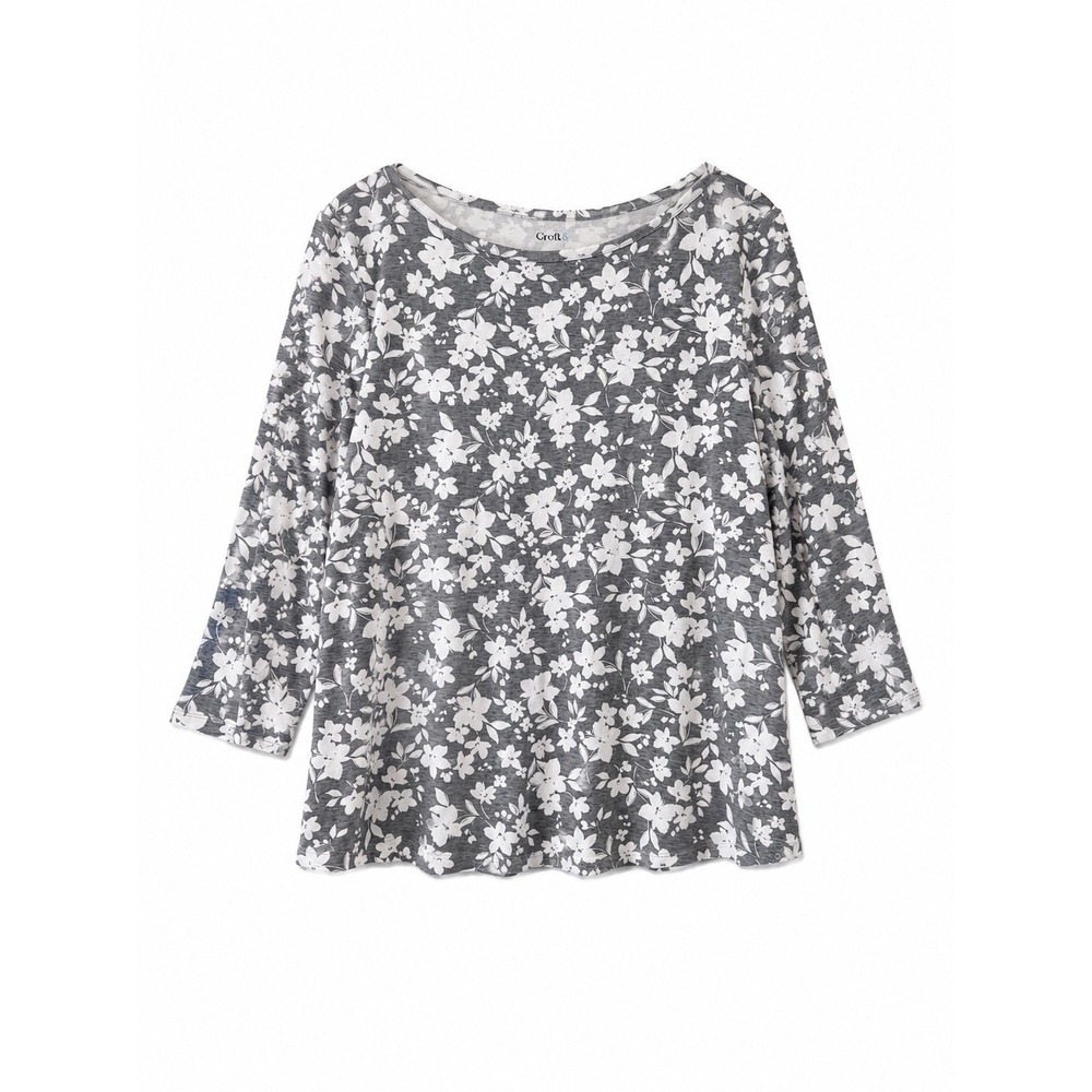 Croft & Barrow Womens XL Grey Floral Boat Neck 100%‎ Cotton Knit Blouse Top